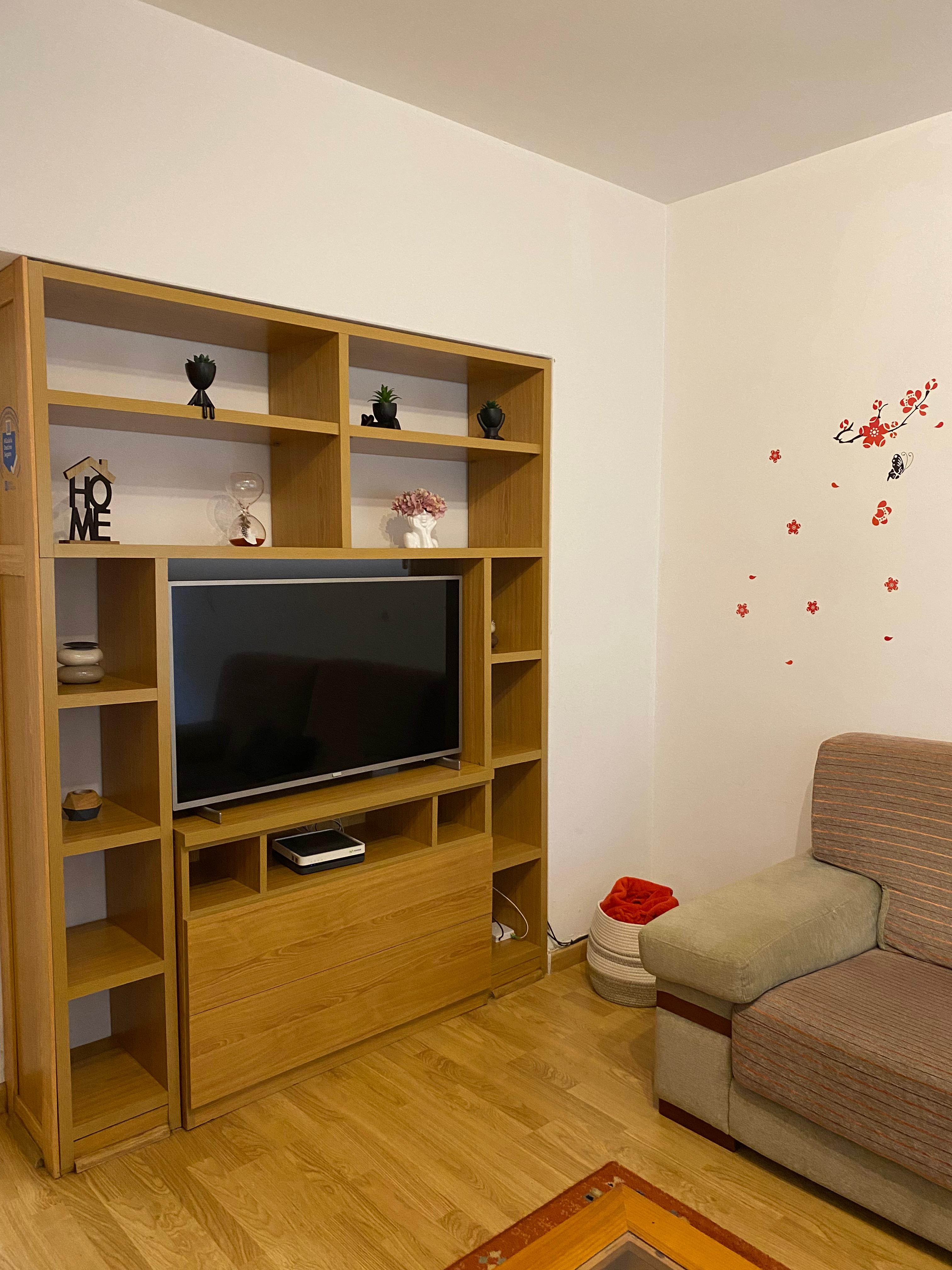 Salón con mueble TV y estanterías